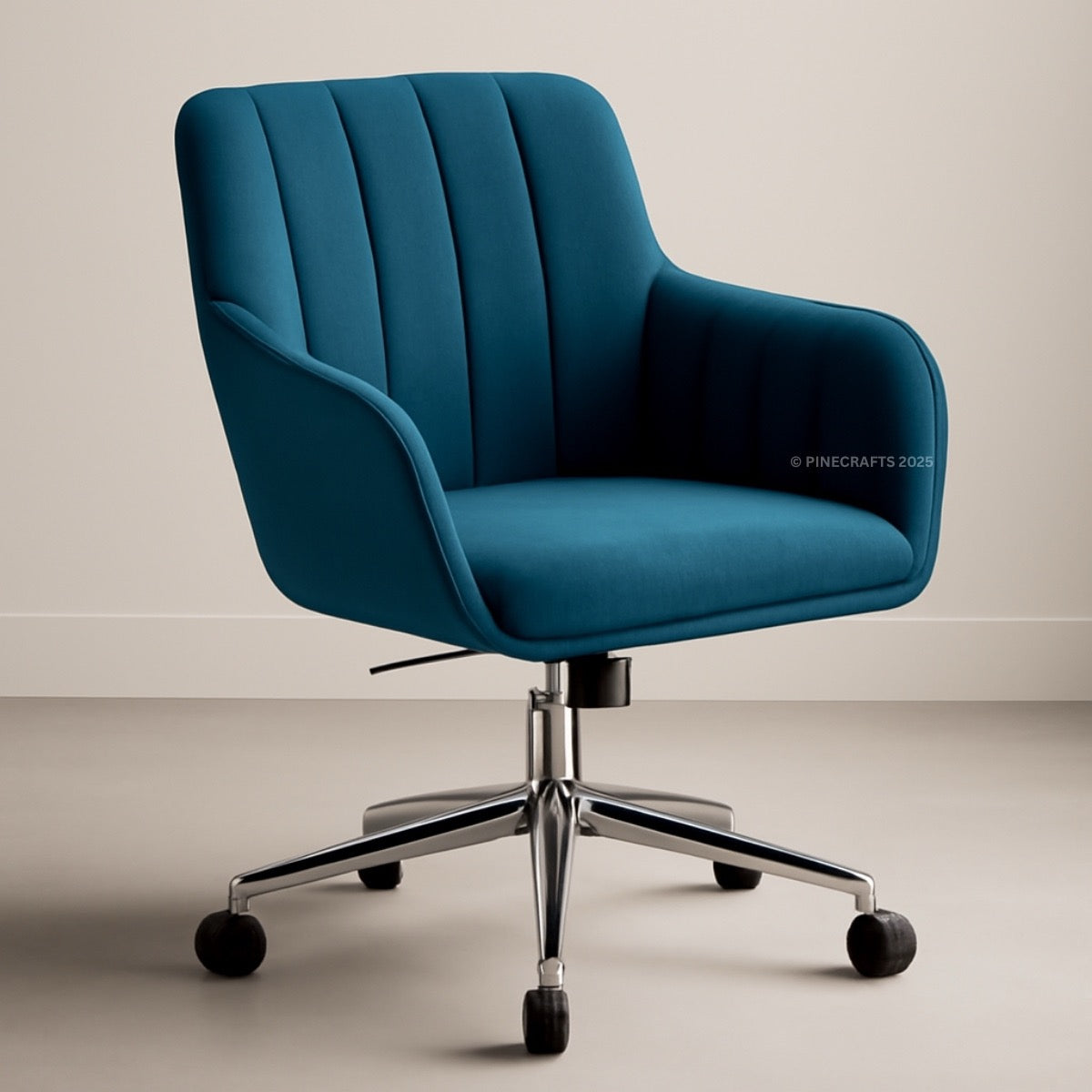 Blue office chair with a ribbed backrest on a neutral background