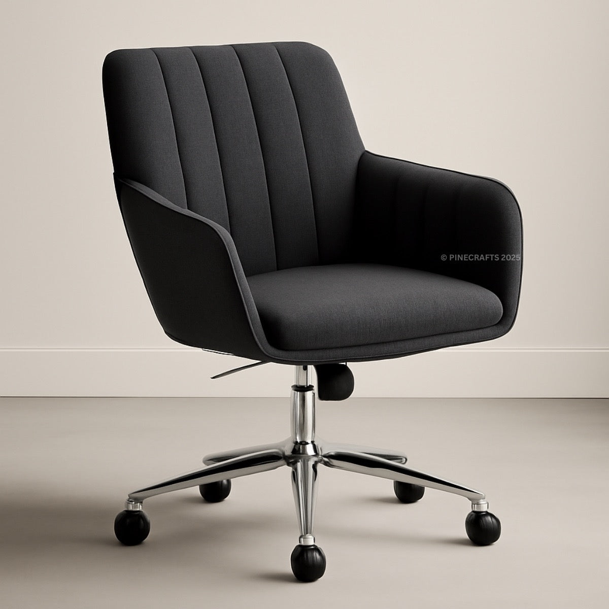 Black office chair with chrome base on a beige background