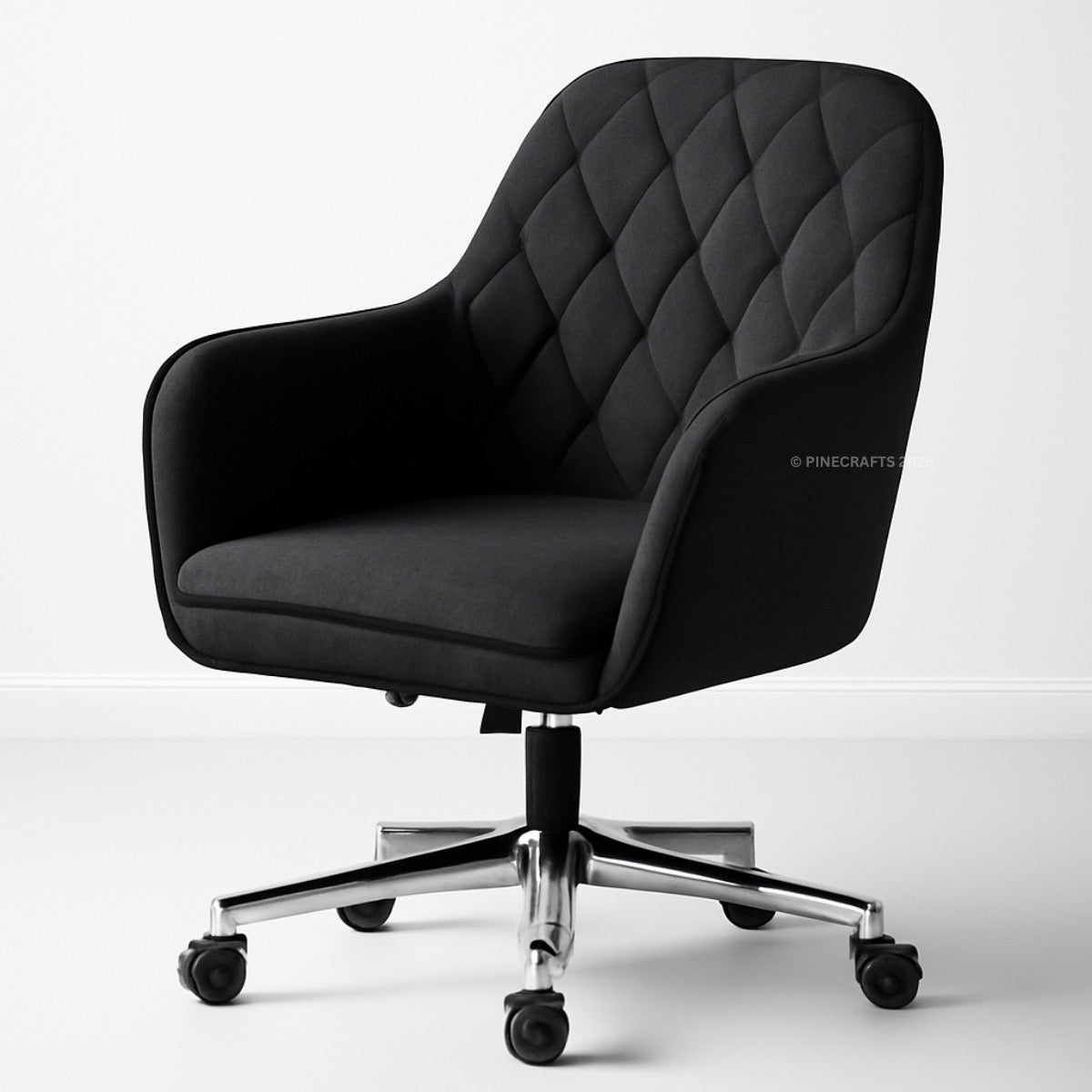 Black office chair with quilted design on a white background