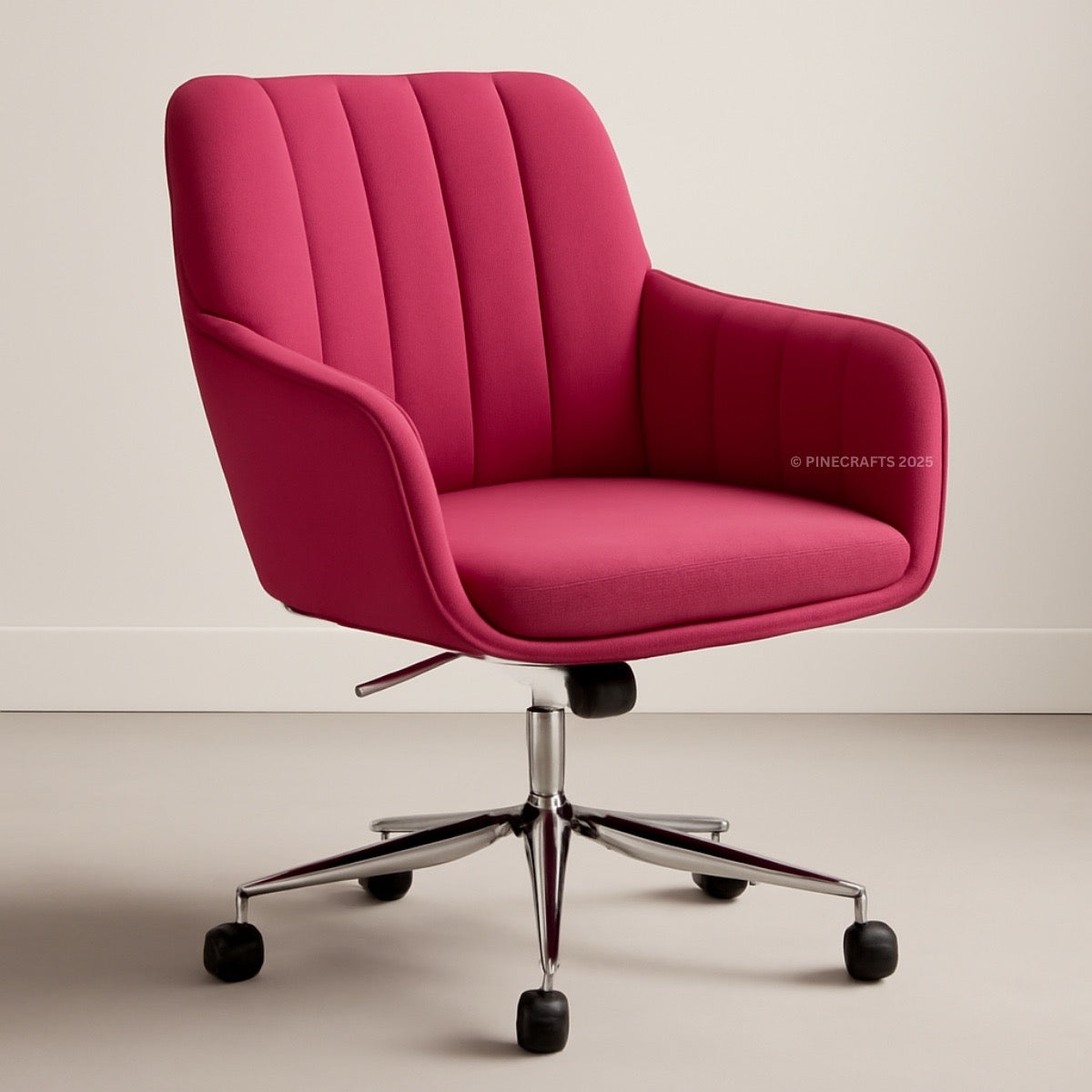 Pink office chair with a chrome base on a beige background