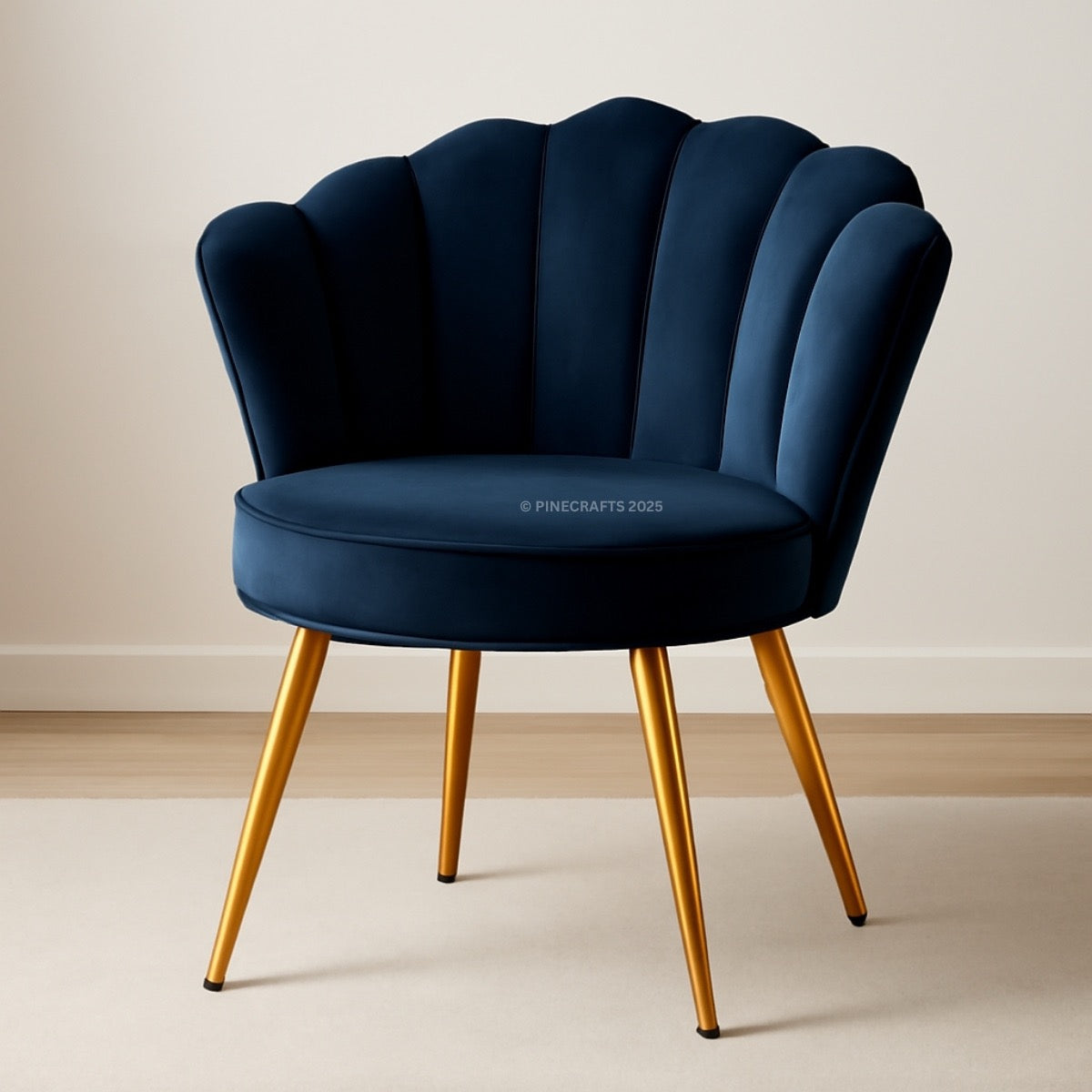 Blue shell-shaped chair with gold legs on a neutral background