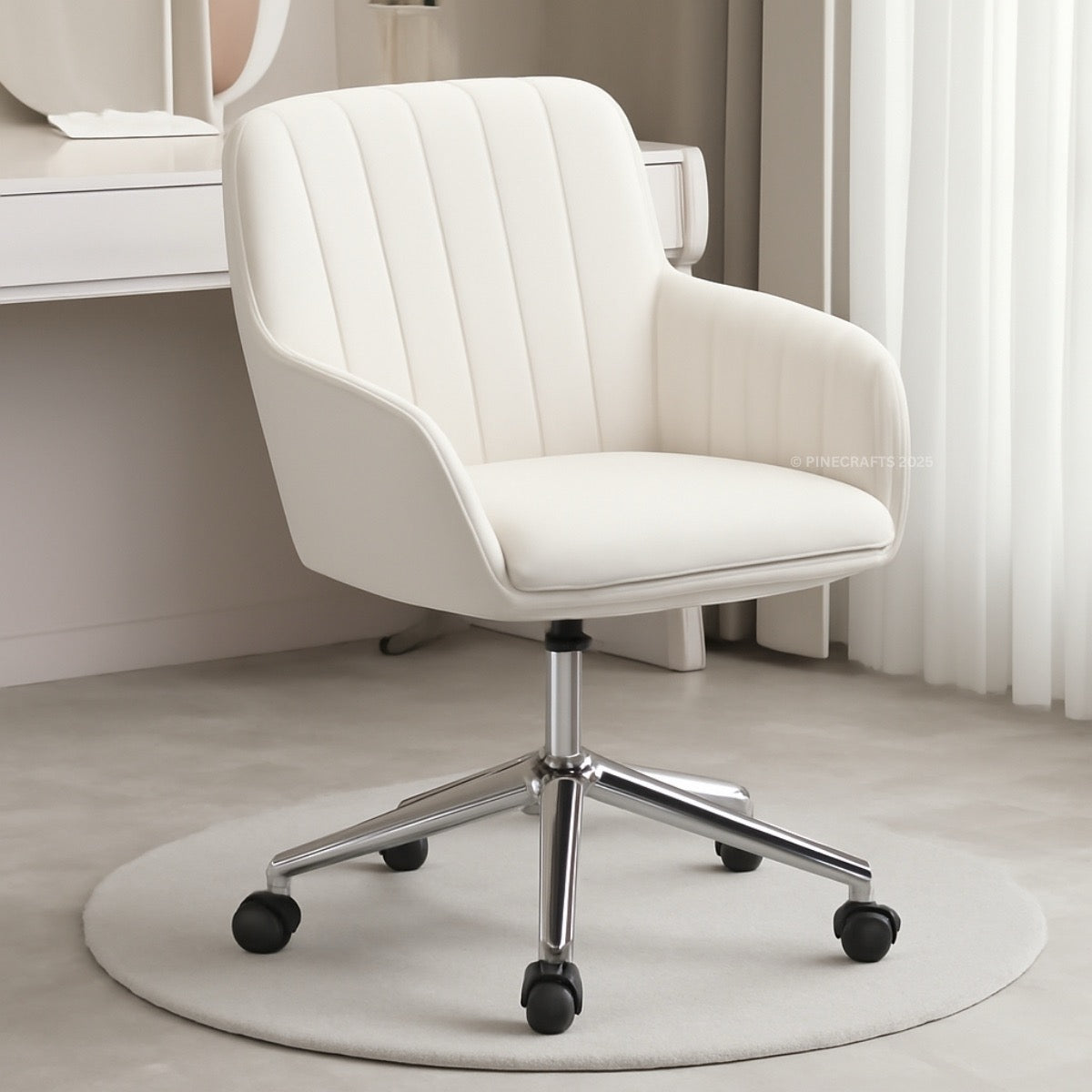White office chair with a ribbed texture on a light wooden floor.