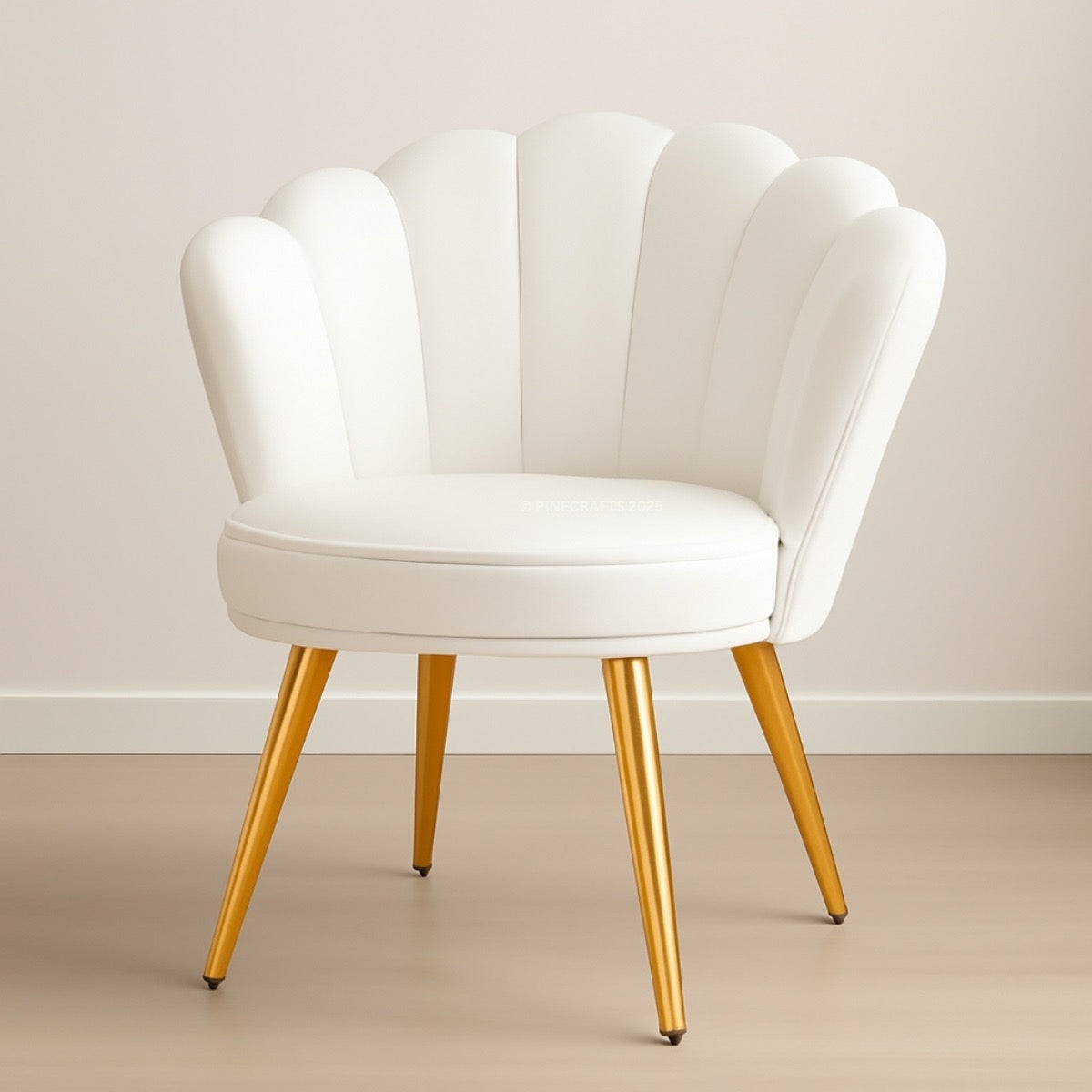 White chair with gold legs on a beige floor and wall