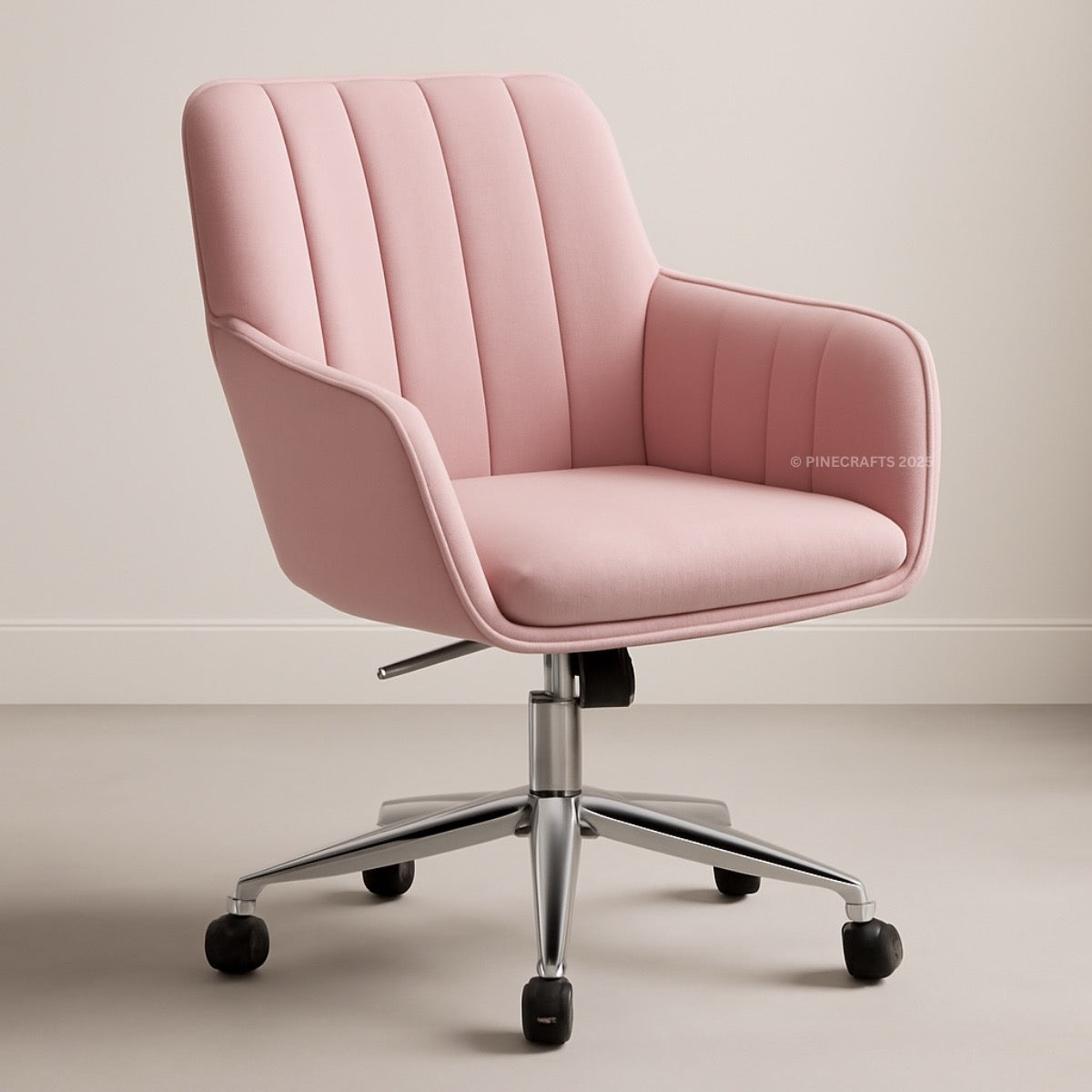 Pink office chair with a quilted design on a plain background