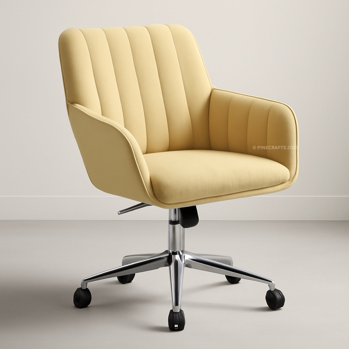 Yellow office chair with a ribbed backrest on a plain background