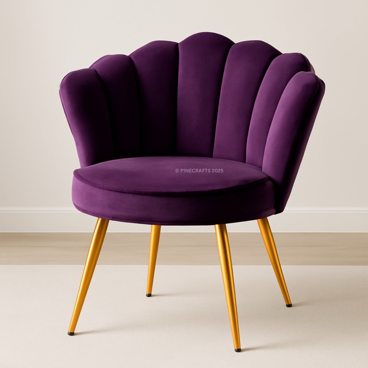 Purple chair with gold legs on a plain background