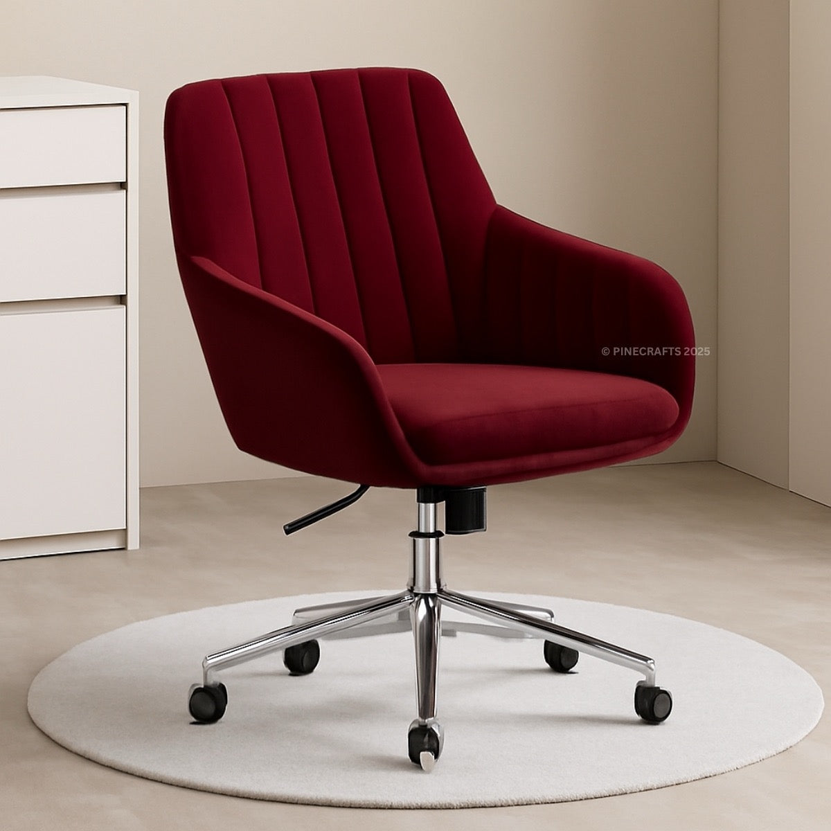 Red office chair with a white rug on a beige floor