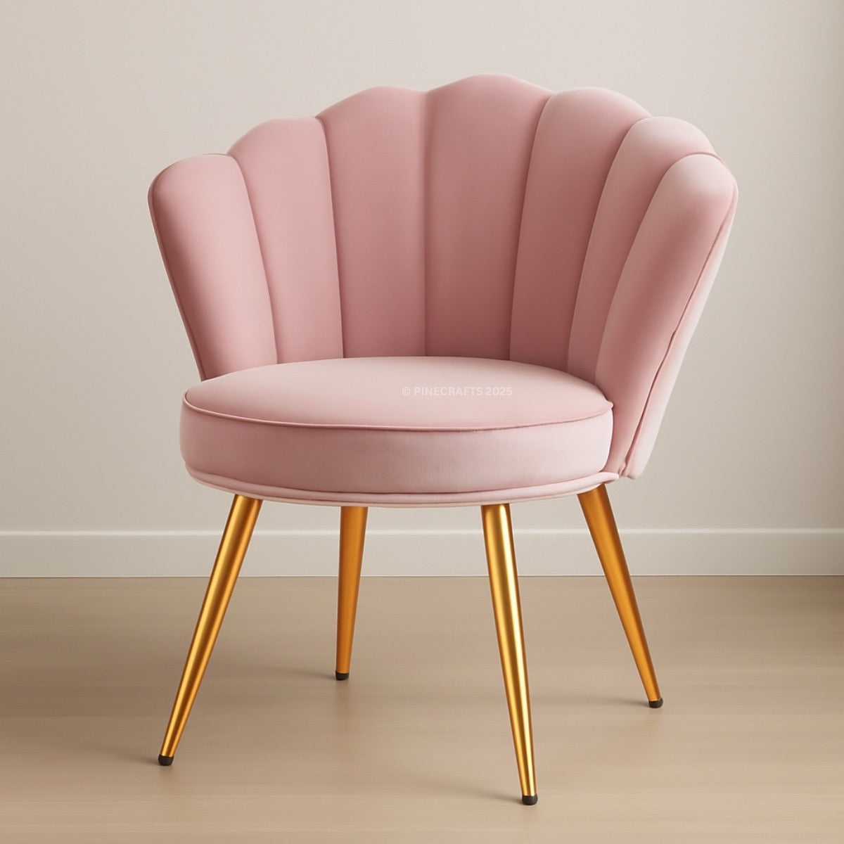 Pink chair with gold legs on a beige floor and wall