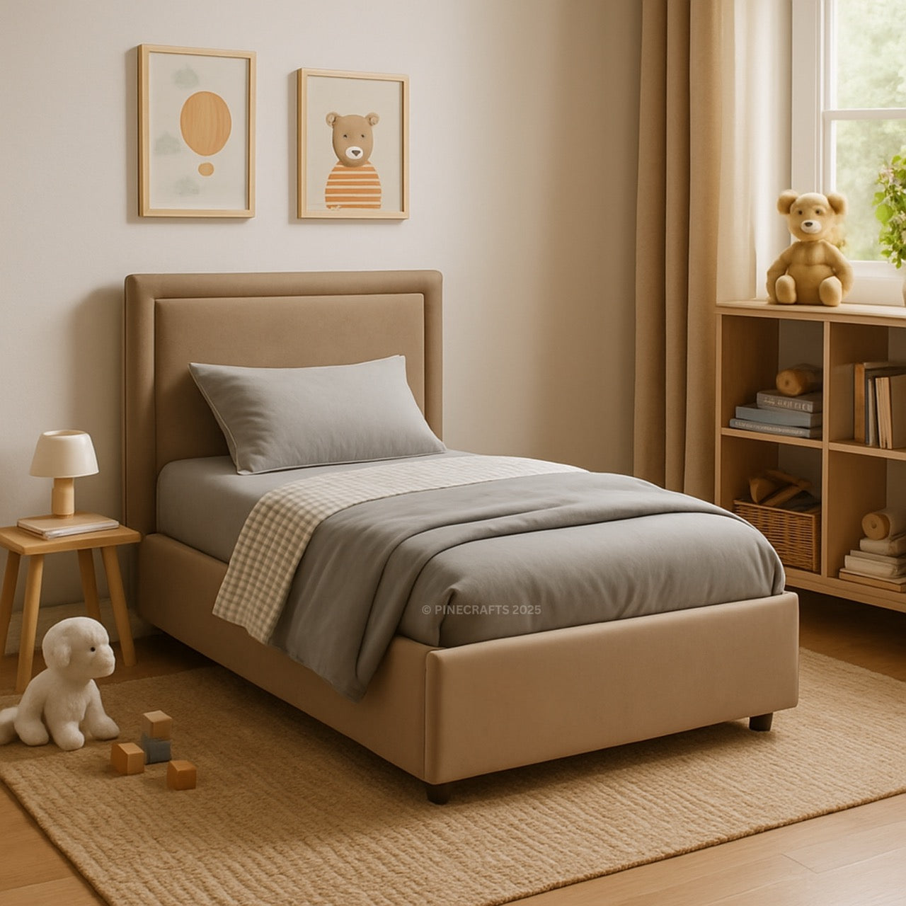 Children's bedroom with a bed, toys, and shelves.