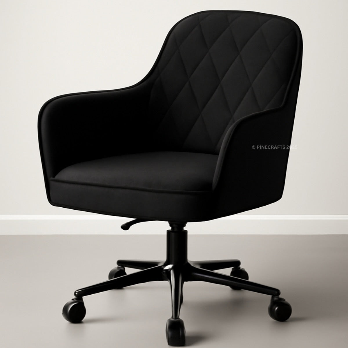 Black office chair with diamond pattern on a light gray background