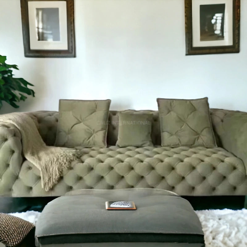 Button Tufted Design Cute Look 3 Seater Fabric Sofa