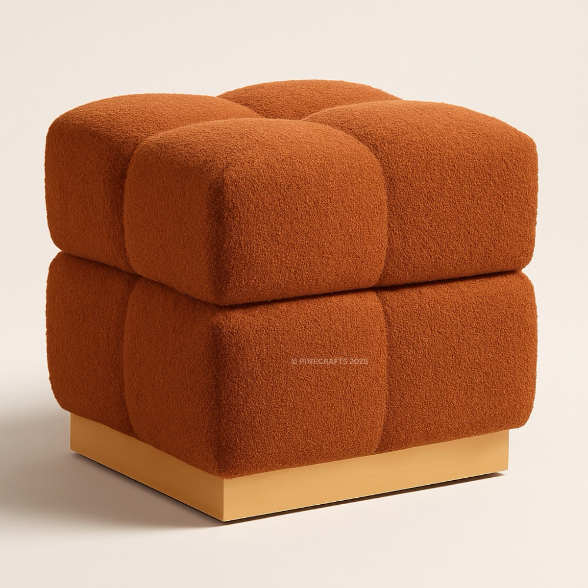 Brown textured cube-shaped ottoman on a beige background