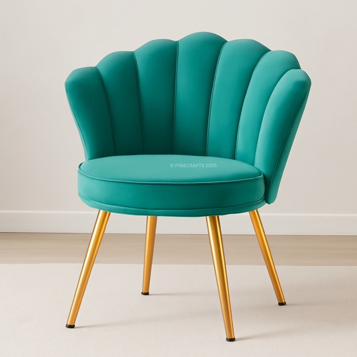 Teal chair with gold legs on a light background