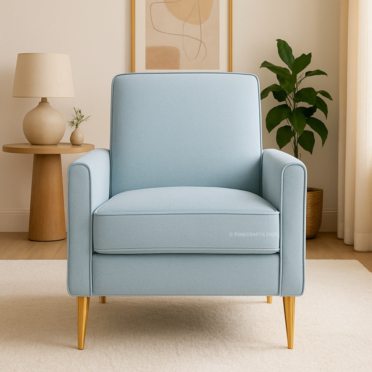 Light blue armchair in a room with a lamp, plant, and abstract art on the wall.
