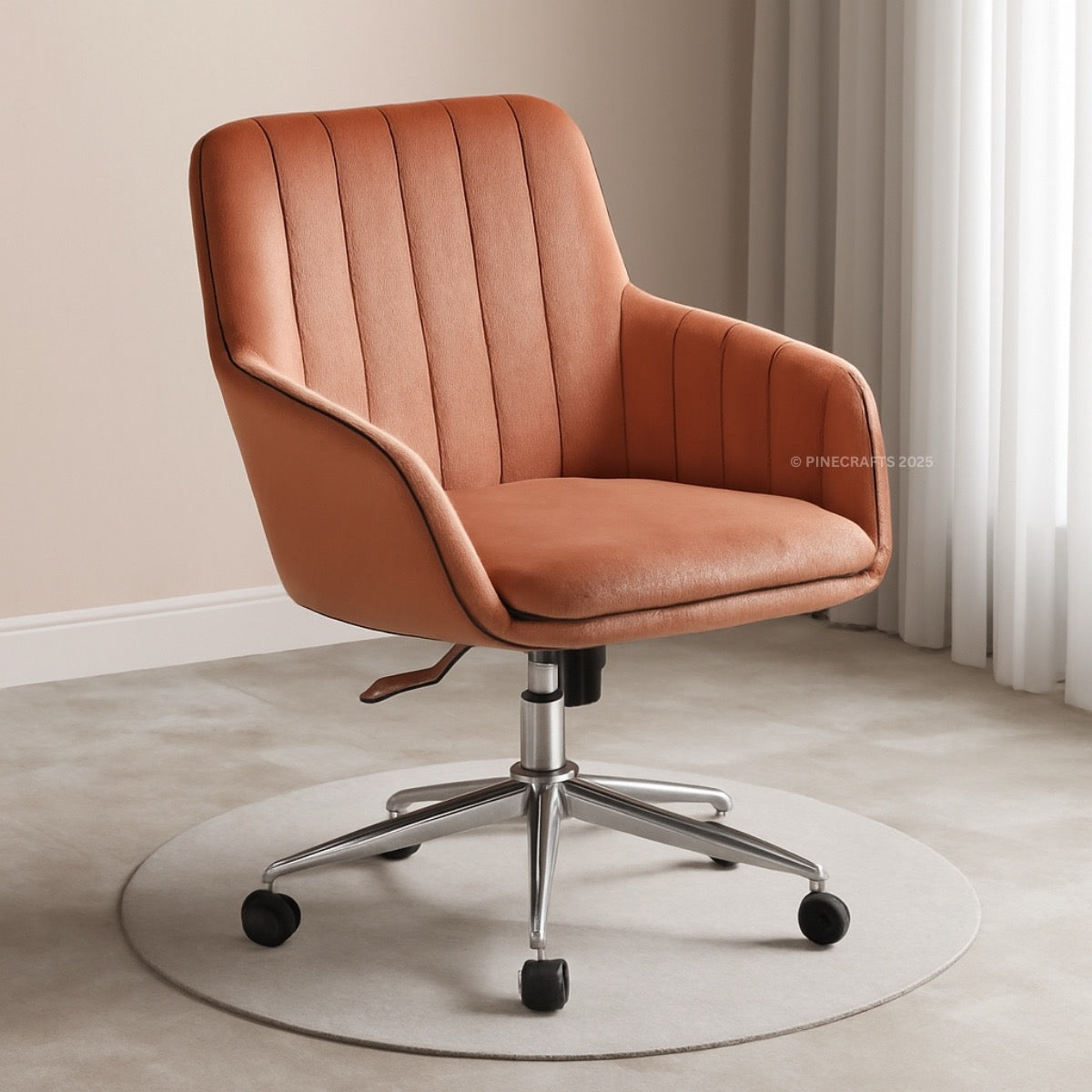 Brown office chair with a metallic base on a neutral background