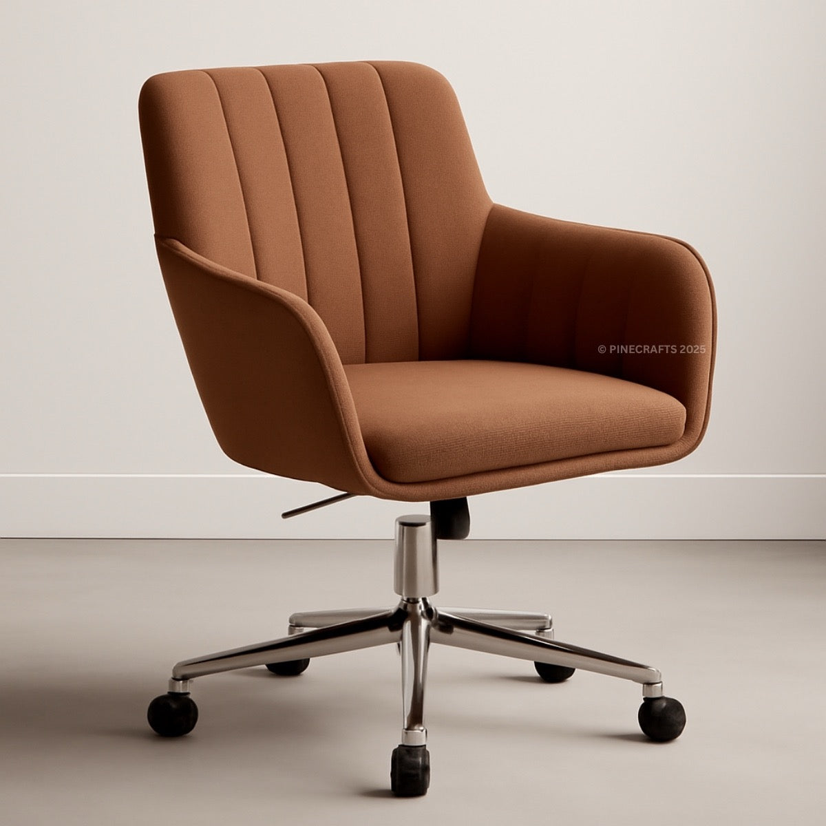 Brown office chair with a ribbed backrest on a neutral background