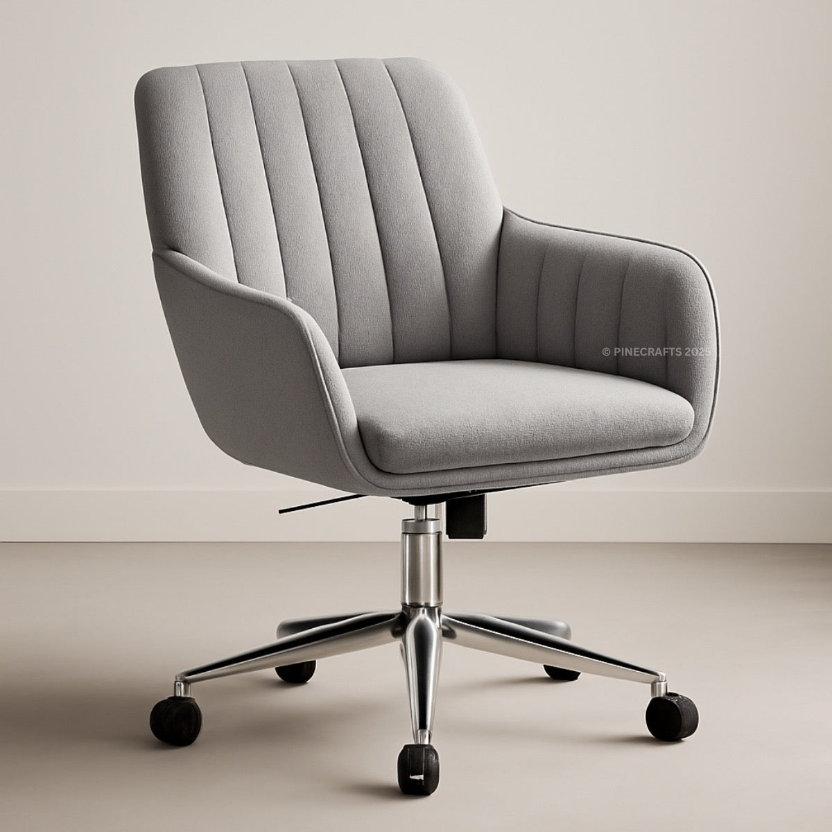 Gray office chair with a ribbed backrest on a neutral background