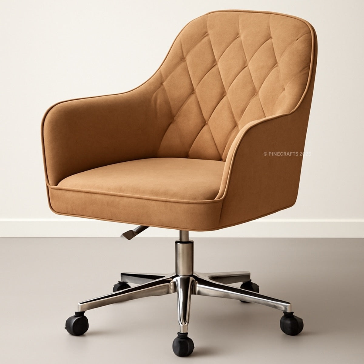 Brown quilted office chair with a metallic base on a neutral background