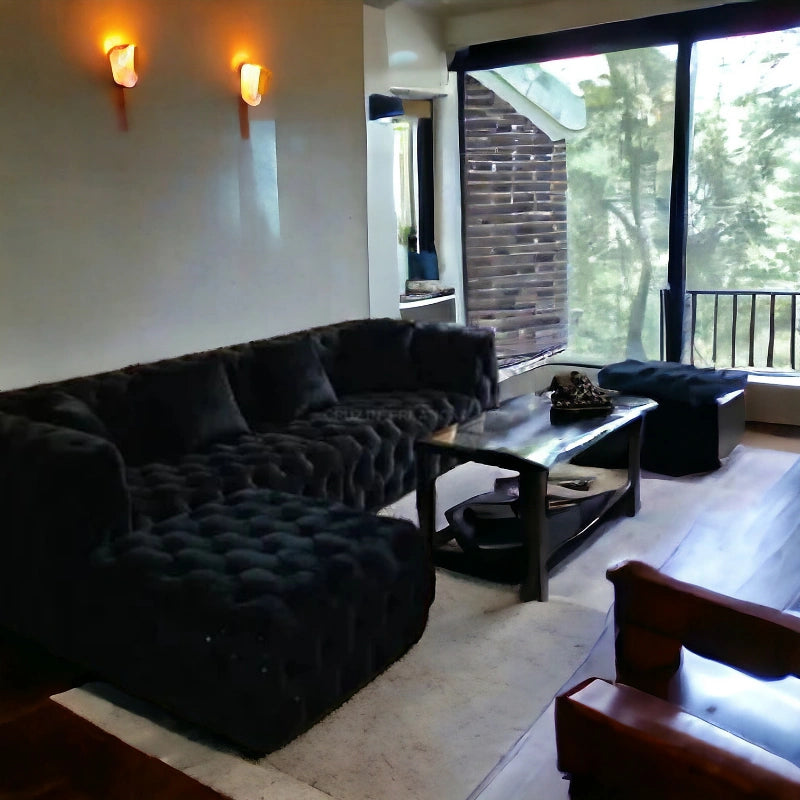 Button Tufted Design Cute Look 3 Seater Fabric Sofa