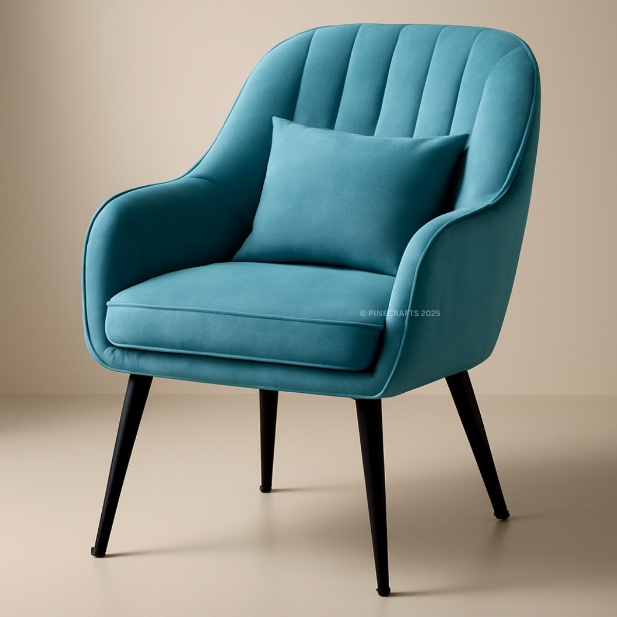 Blue armchair with a pillow on a beige background