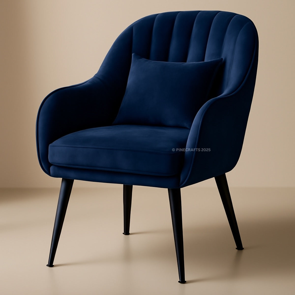 Blue armchair with a pillow on a beige background
