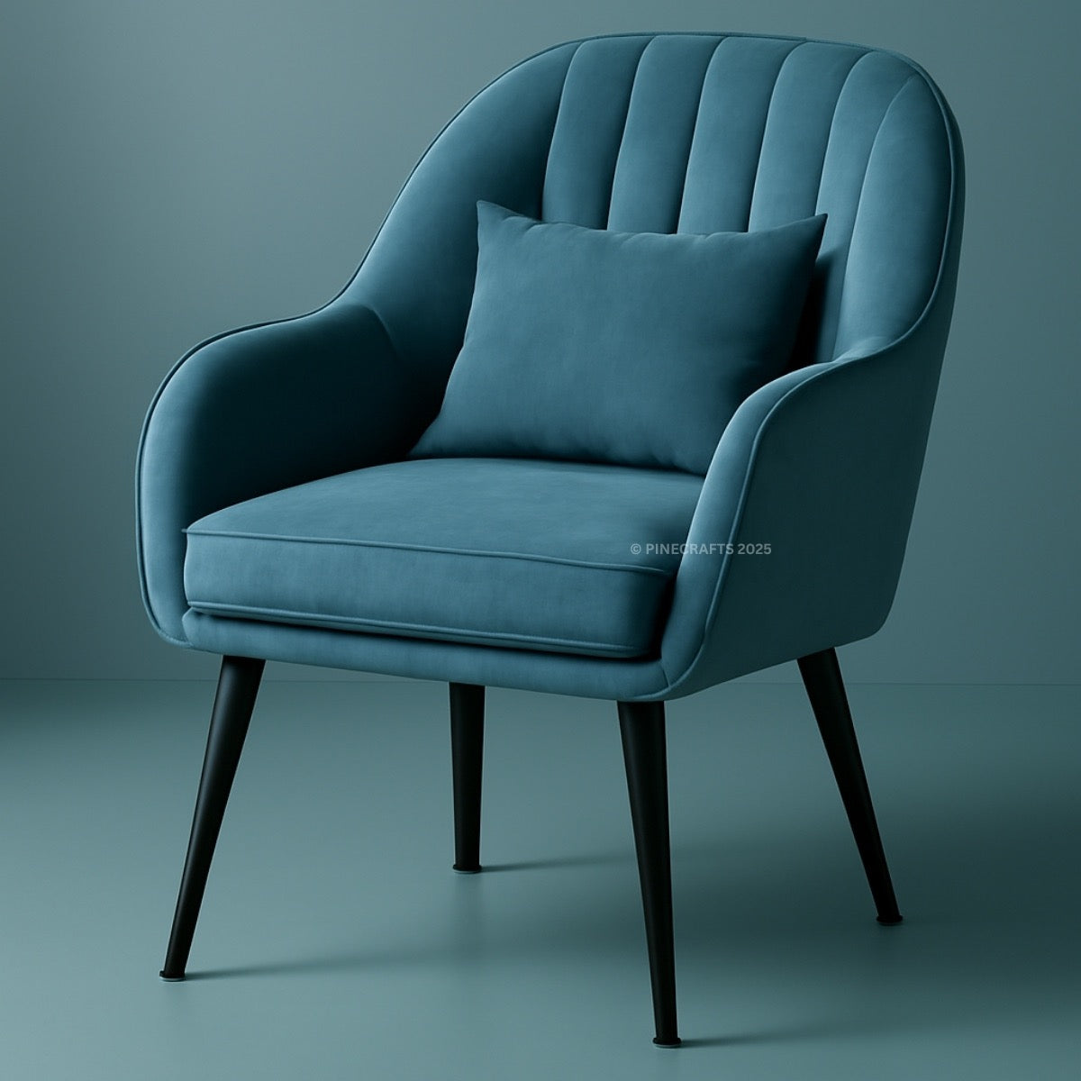 Blue armchair with a pillow on a solid background