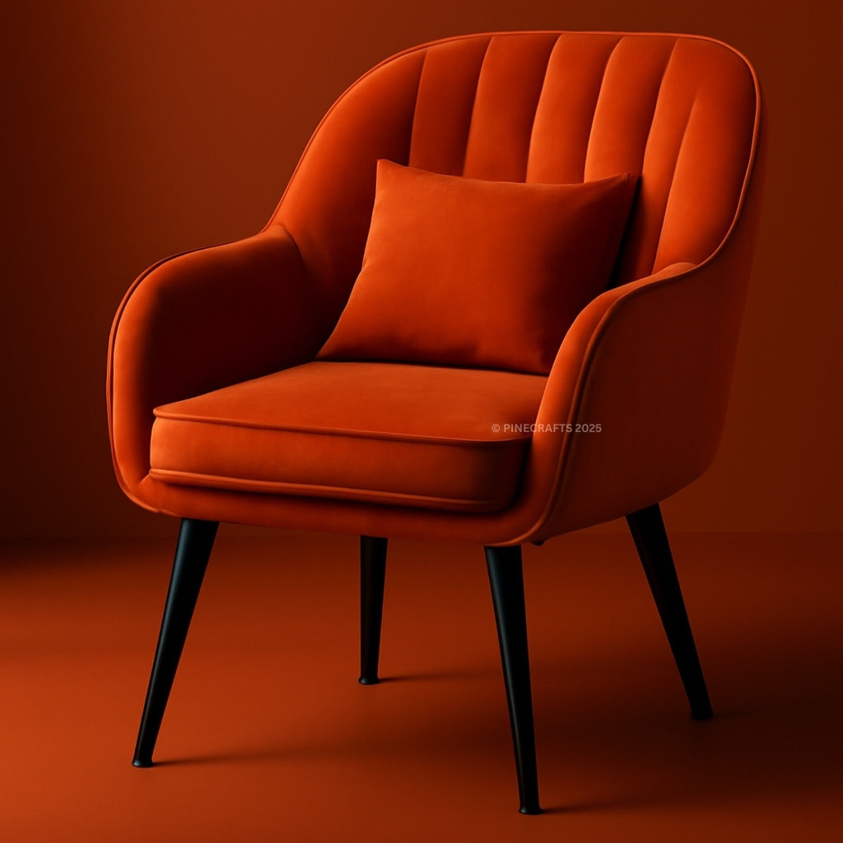 Orange armchair with a pillow on a matching background