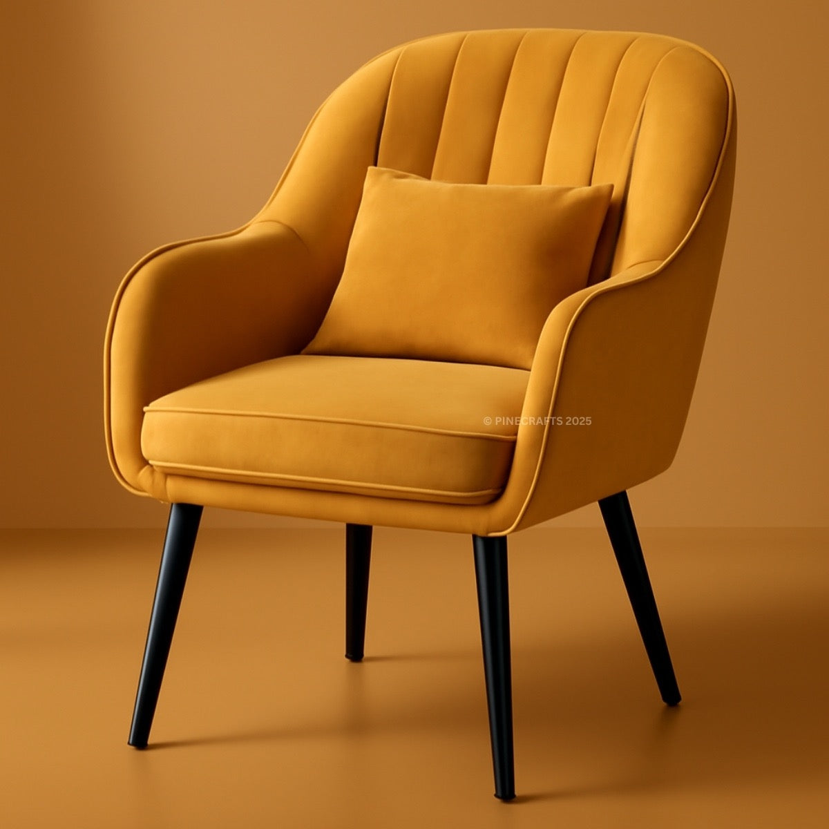 Yellow armchair with a pillow on a brown background