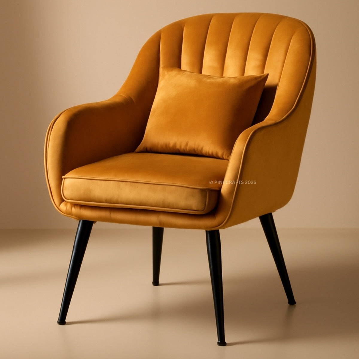 Mustard yellow armchair with a matching pillow on a beige background
