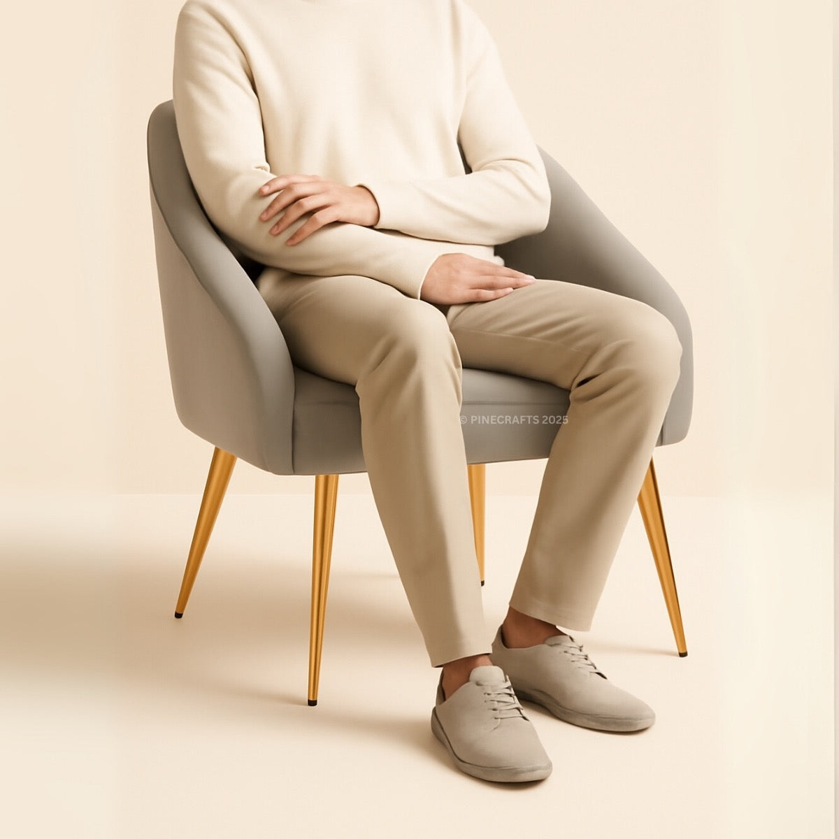 Person sitting on a modern chair wearing a beige sweater, pants, and shoes against a plain background.
