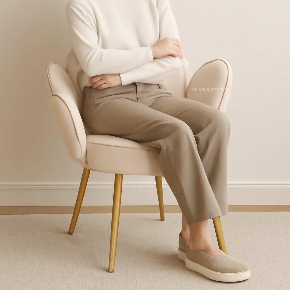 Person sitting on a beige chair wearing beige pants and shoes in a minimalistic setting.