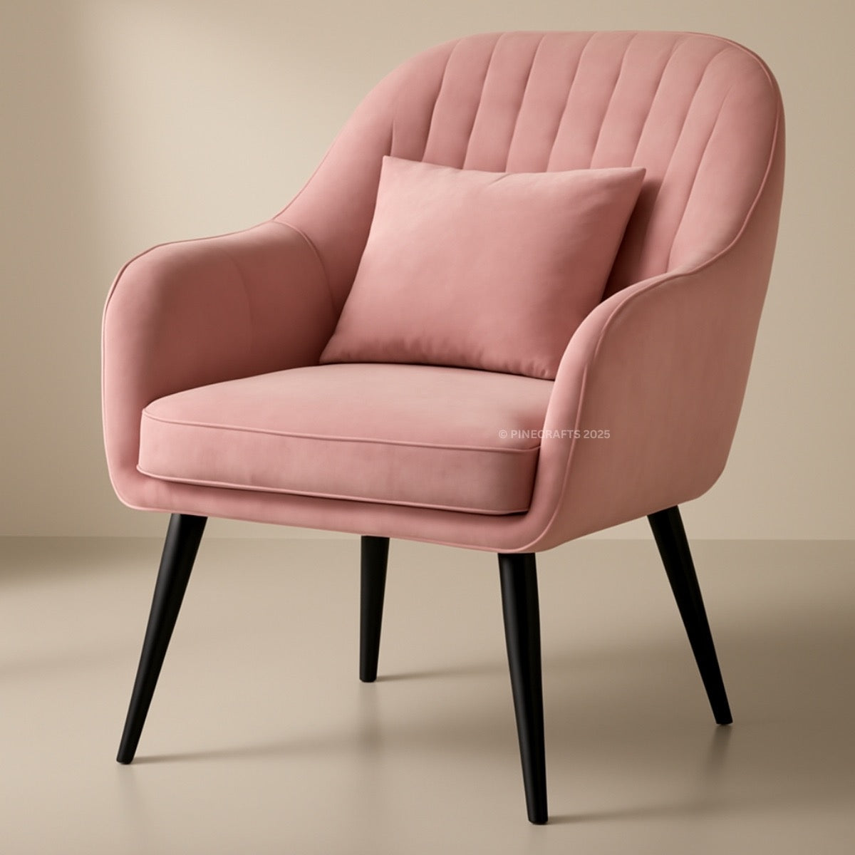 Pink armchair with a pillow on a beige background