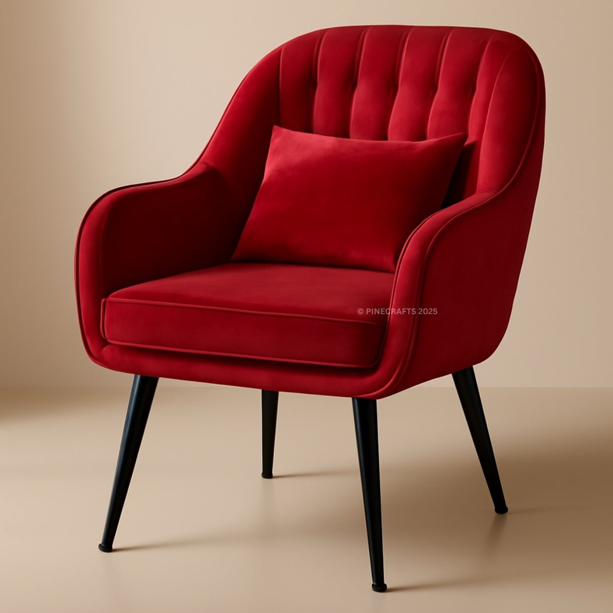Red armchair with black legs on a beige background