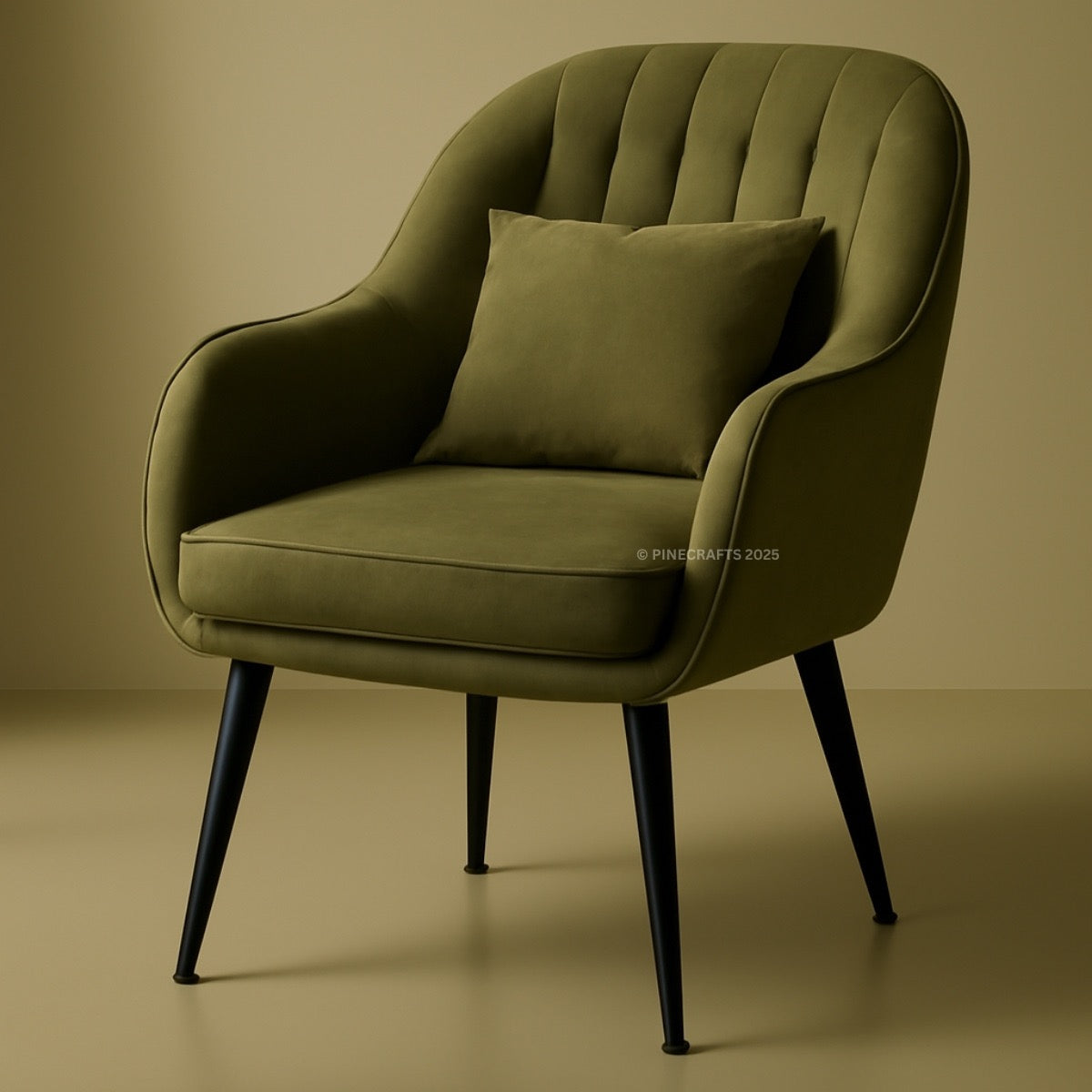 Green armchair with a pillow on a beige background