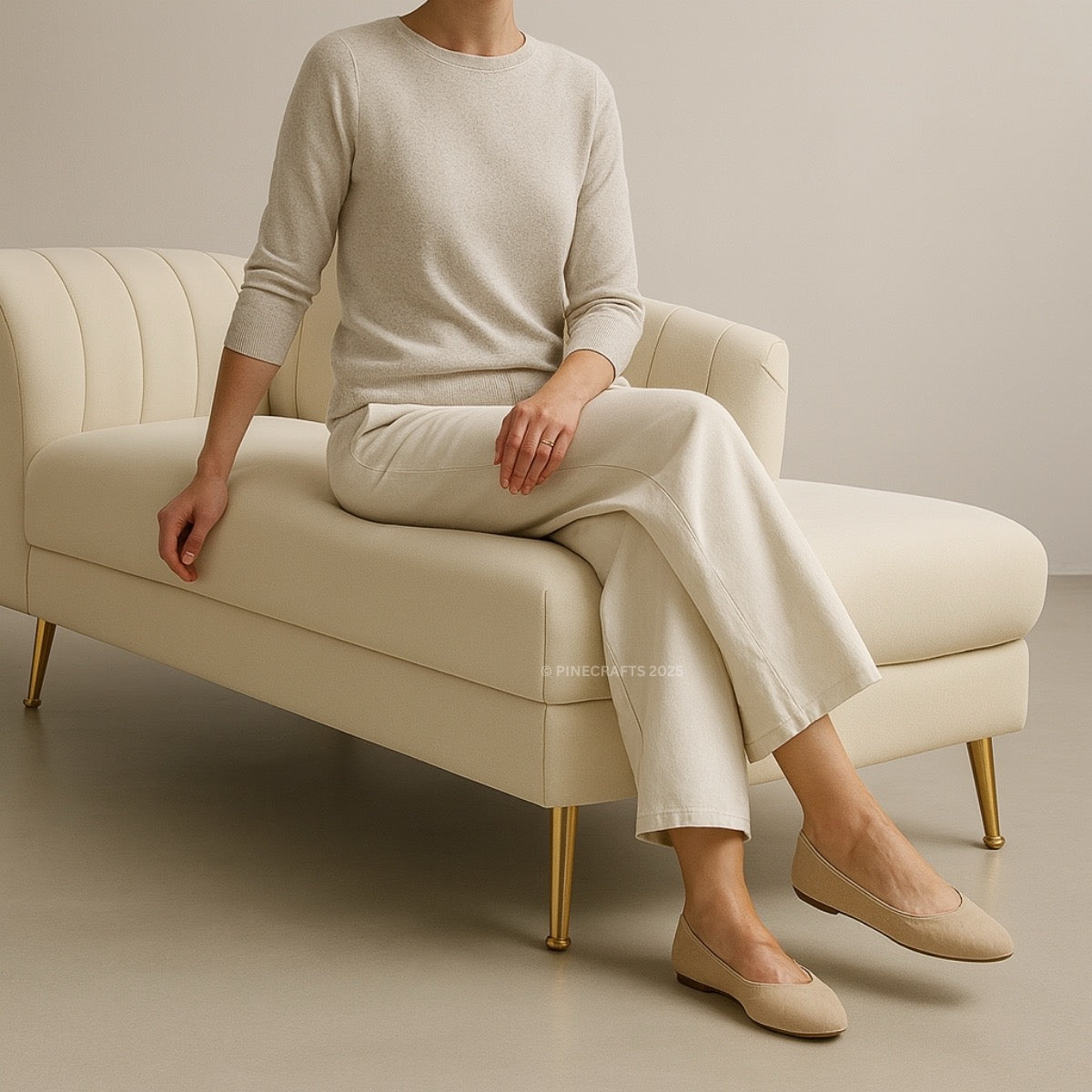 Person sitting on a beige armchair wearing a beige sweater, white pants, and beige shoes.