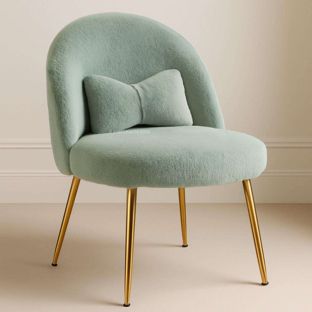 Green chair with gold legs on a beige floor and wall