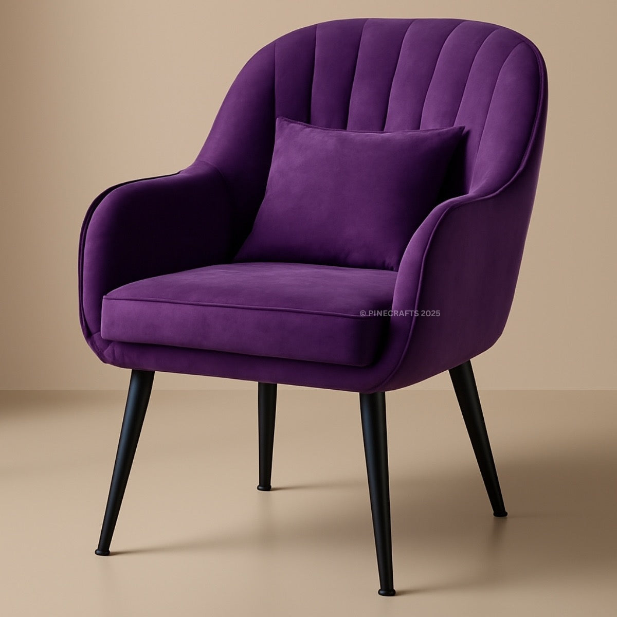 Purple armchair with a matching pillow on a beige background