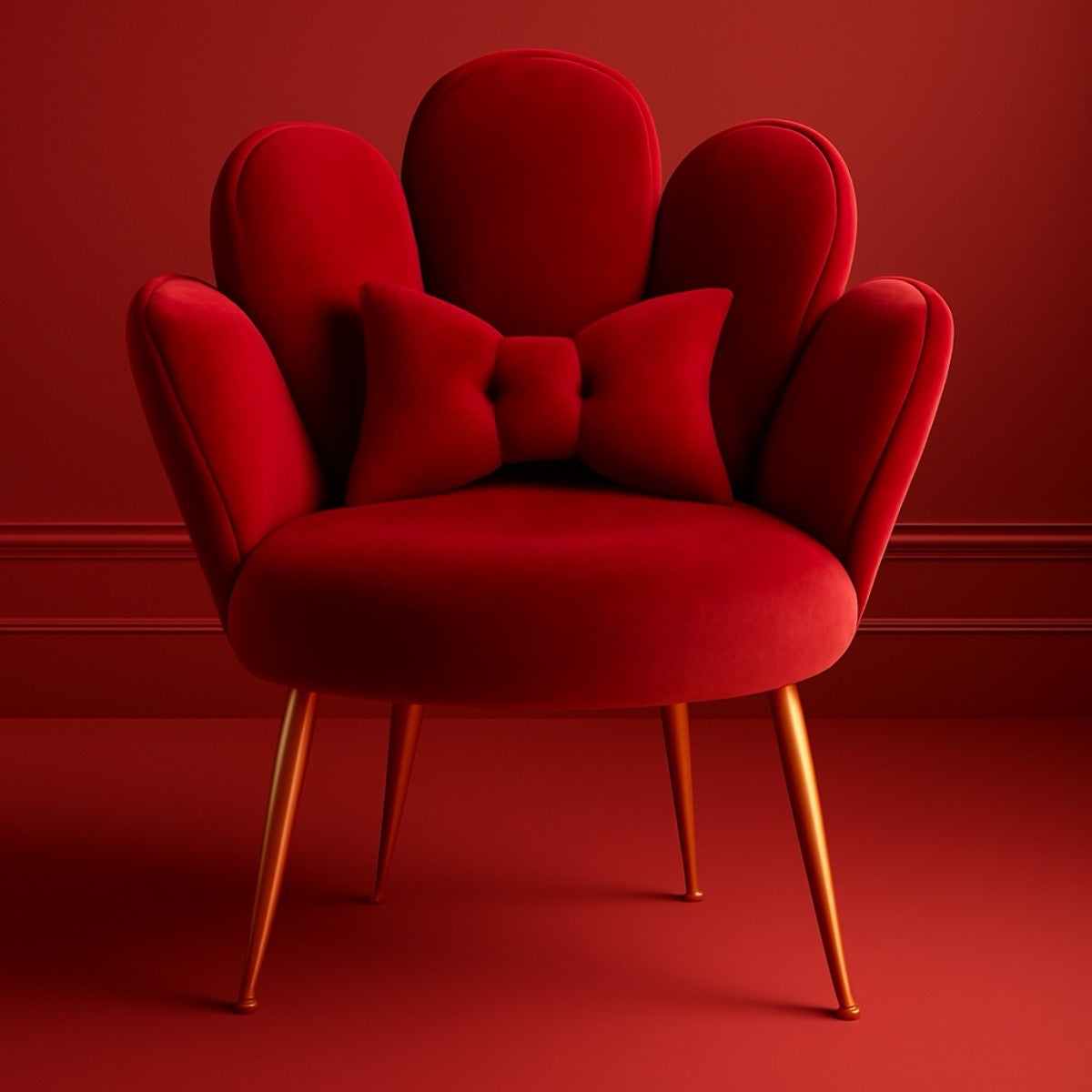 Red floral-shaped chair with gold legs on a red background