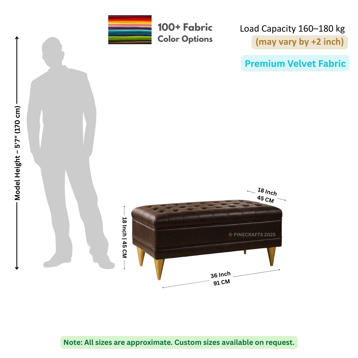 Brown tufted ottoman with dimensions and fabric information on a white background