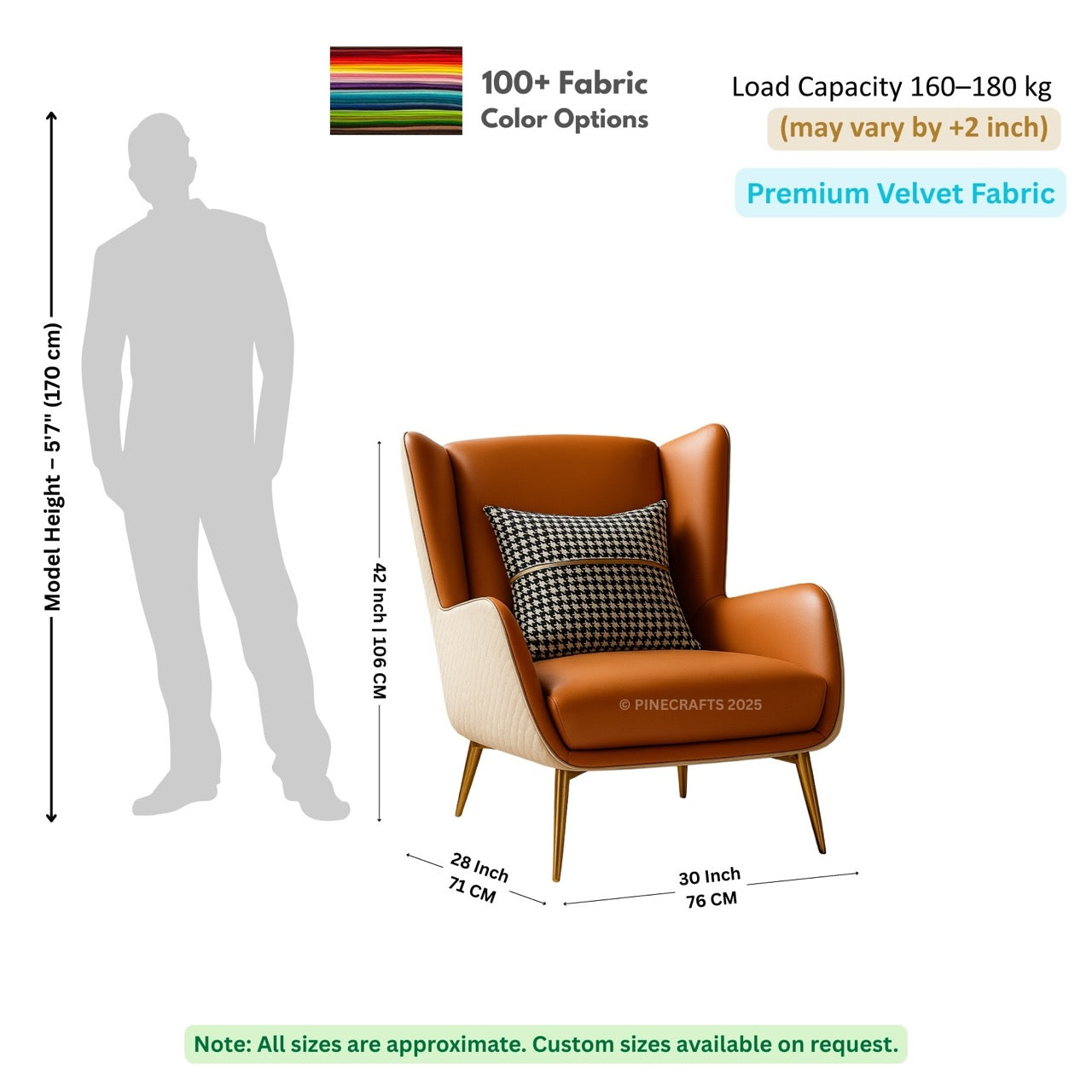 Brown armchair with dimensions and fabric information on a white background