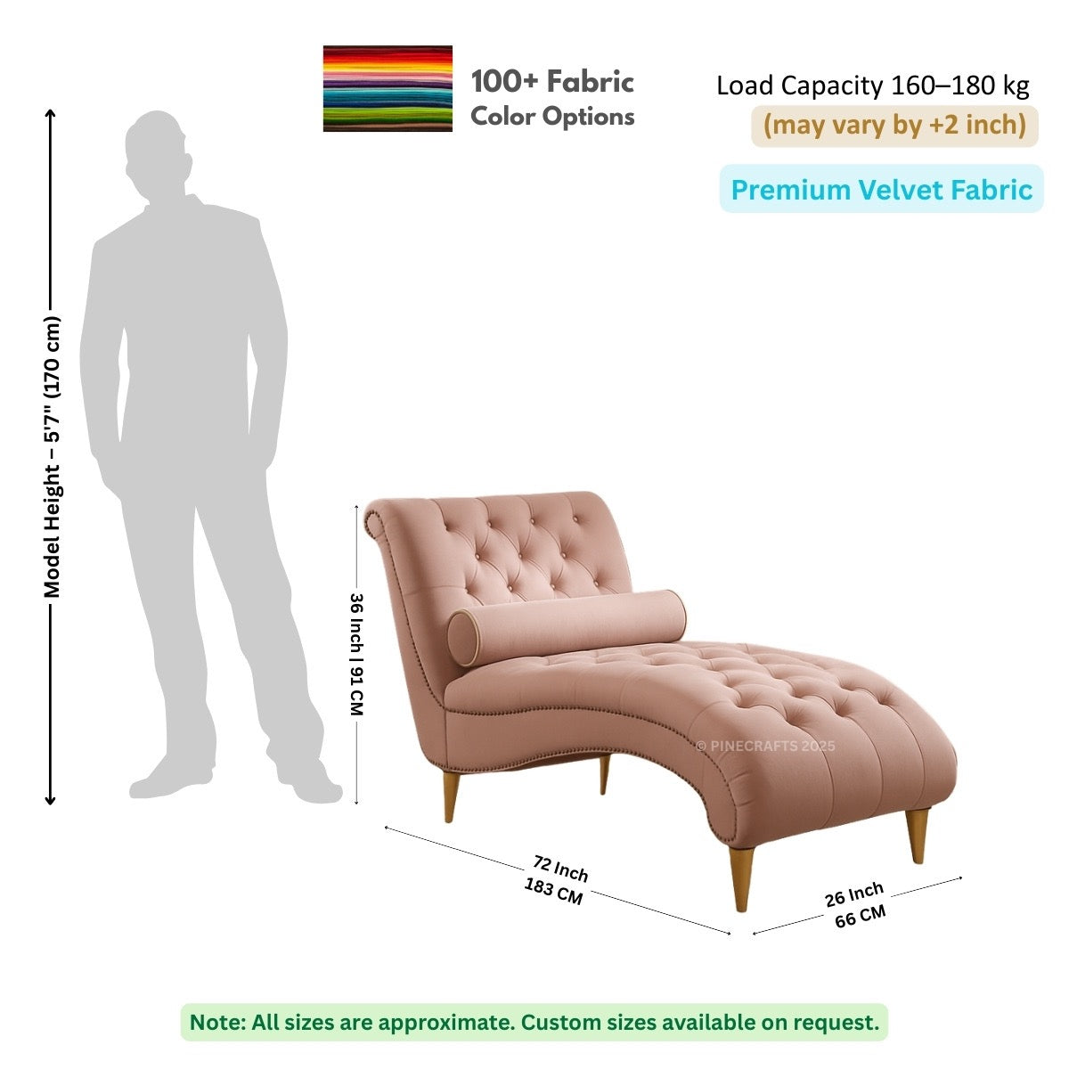 Chaise lounge with dimensions and fabric information on a white background