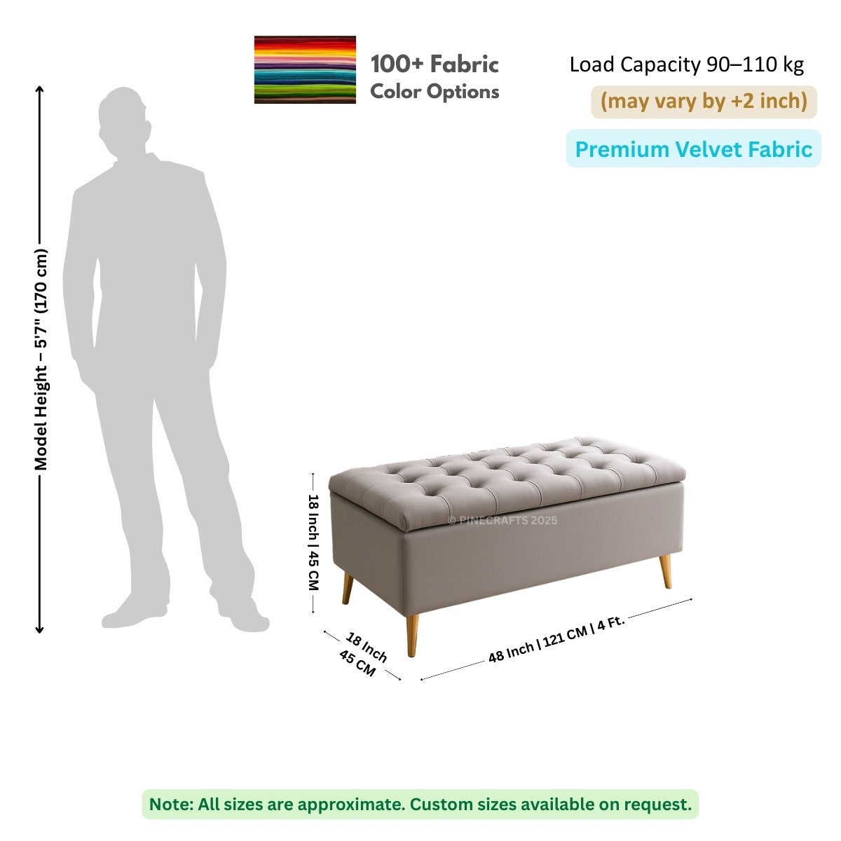 Gray tufted bench with dimensions and fabric information on a white background