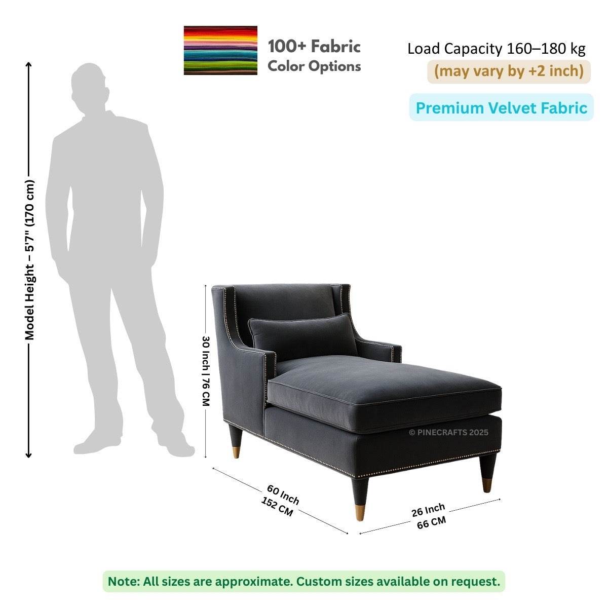 Gray armchair with dimensions and fabric information on a white background