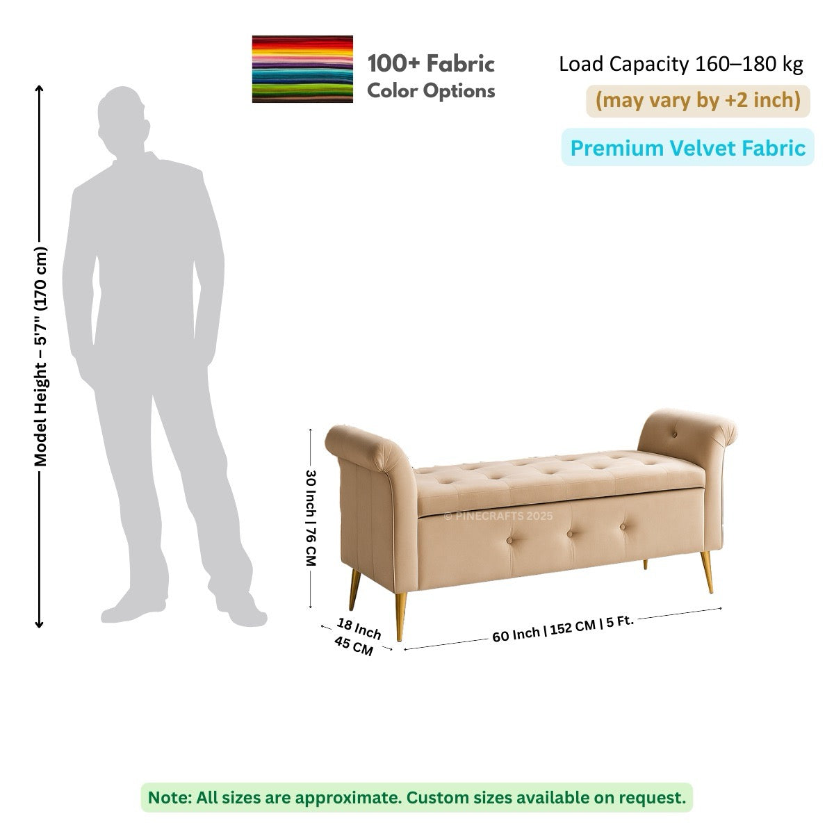 Beige bench with dimensions and fabric information on a white background