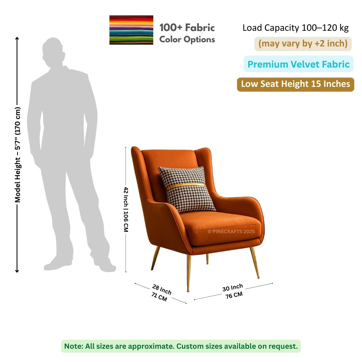 Orange armchair with dimensions and fabric information on a white background
