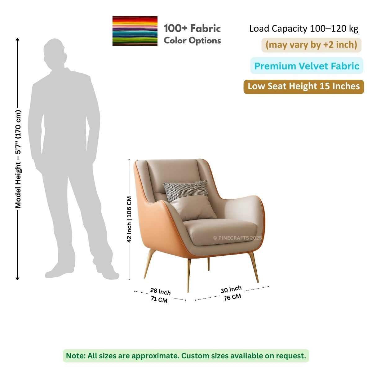Beige armchair with dimensions and fabric information on a white background