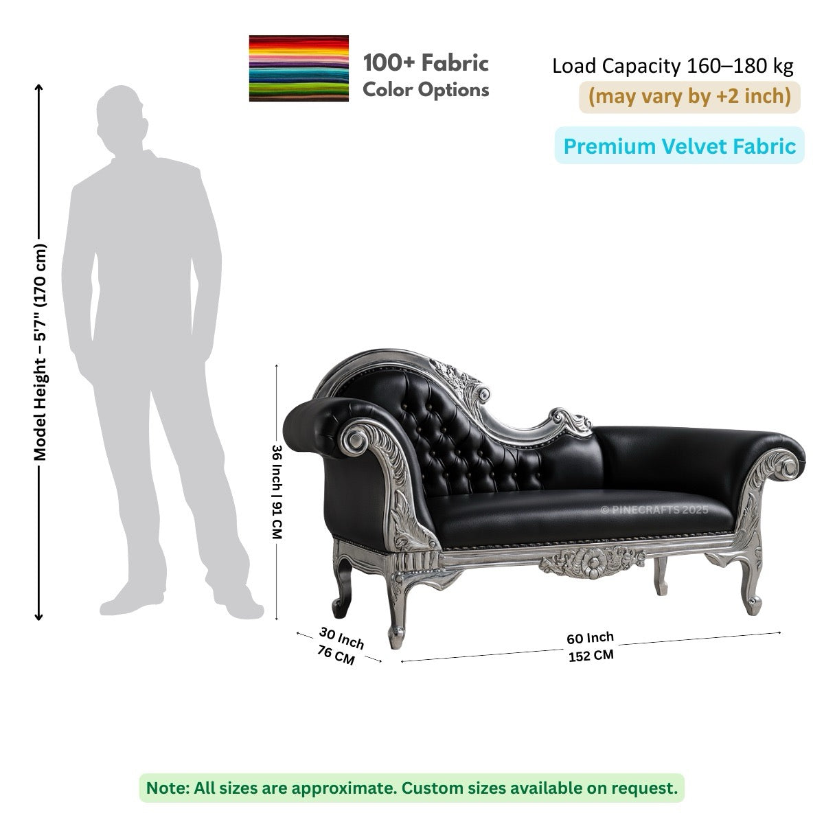 Black and silver ornate sofa with dimensions and fabric information on a white background