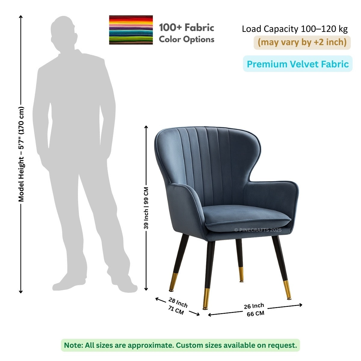 Blue chair with dimensions and fabric information on a white background