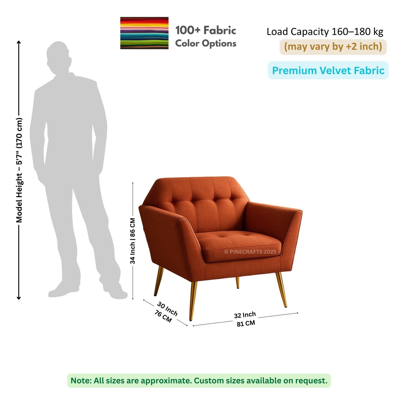 Orange armchair with dimensions and fabric information on a white background