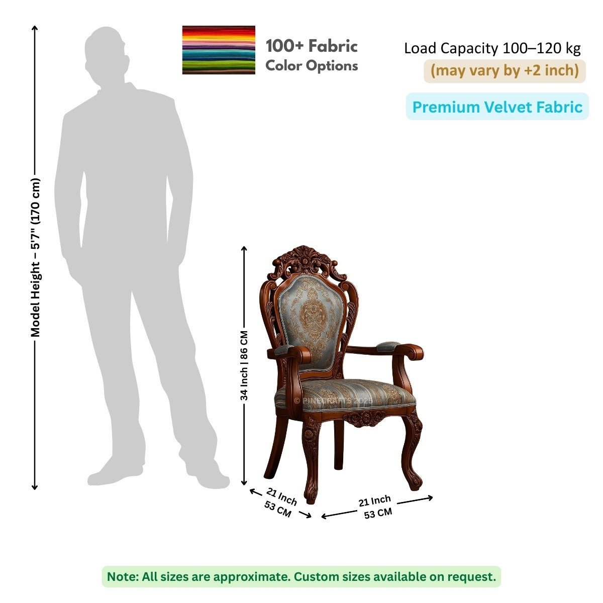 Chair dimensions shown with a human figure for scale, featuring fabric color options and load capacity.
